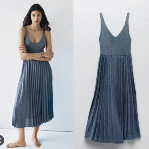 NWT Limited Ed. Zara Blue Metalllic Knit Pleated Dress "M" - Picture 1 of 4